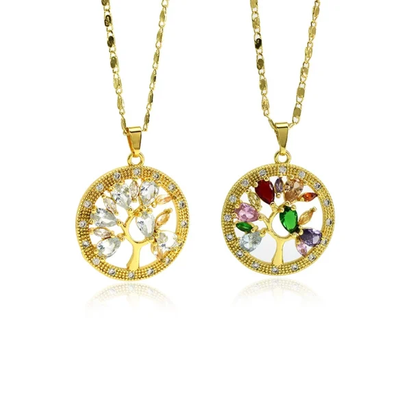 Micro-paved Zirconia Tree of Life Round Pendant Copper Gold Plated Necklace