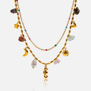 Beach Holiday Necklace 18K Gold Stainless Steel Pearl Love Heart Women Layered Necklace