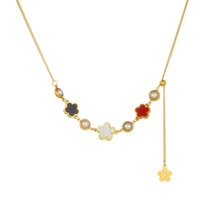 Adjustable zircon flower necklace Pearl butterfly stainless steel necklace