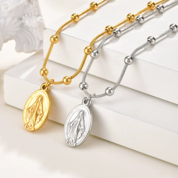 Stainless Steel Geometric Madonna Pendant Snake Chain Necklace