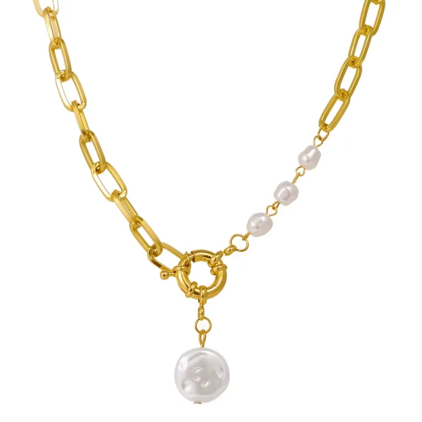 Baroque Shaped Pearl Pendant Necklace Stainless Steel Chain Stitching Necklace