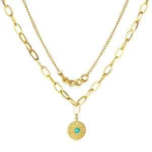 Stainless steel turquoise double layer clavicle necklace