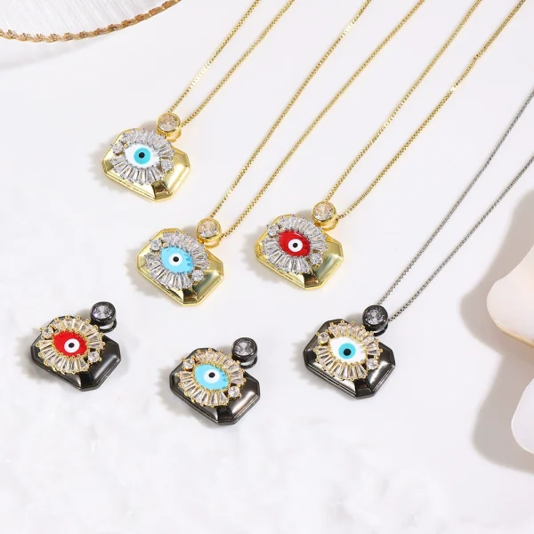 Popular square copper-plated two-color oil-drop eye necklace versatile temperament female net celebrity necklace jewelry - 图片 2