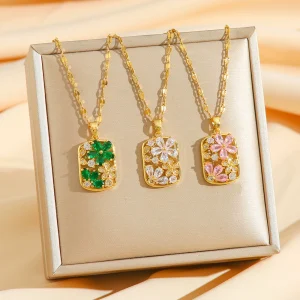 Diamond flower inlaid real gold necklace for women girls