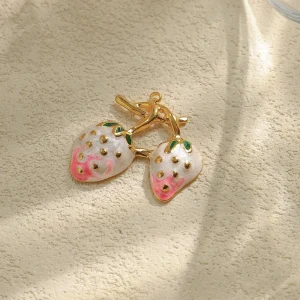 Stainless steel electroplated 18K gold double berry pendant handmade enamel pink strawberry pendant