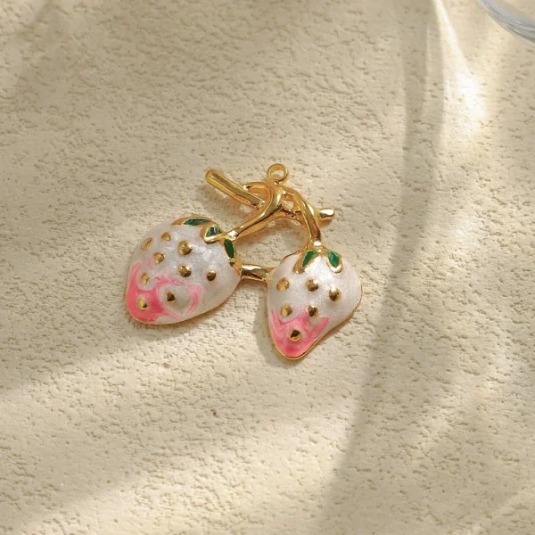 Stainless steel electroplated 18K gold double berry pendant handmade enamel pink strawberry pendant