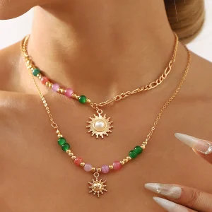Fashion dopamine colored glass bead necklace Personalized ins beaded sun pendant clavicle chain