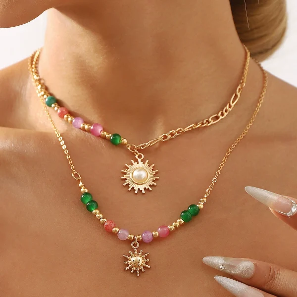 Fashion dopamine colored glass bead necklace Personalized ins beaded sun pendant clavicle chain