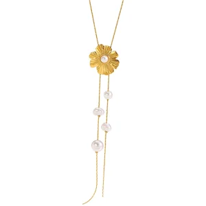 Fashion titanium steel flower tassel necklace irregular clavicle chain pearl pendant chain