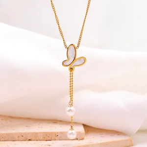 Titanium Steel White Mother-of-Pearl Butterfly Pearl Tassel Necklace