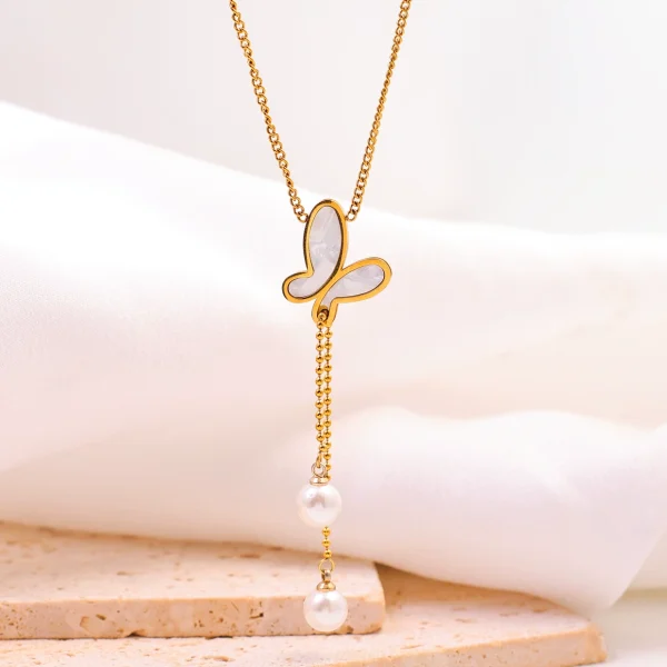 Titanium Steel White Mother-of-Pearl Butterfly Pearl Tassel Necklace