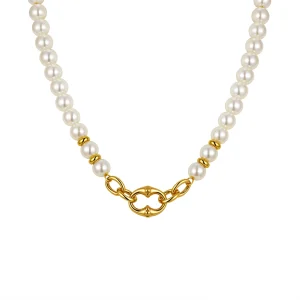 Stainless Steel Pig Nose Imitation Pearl Chain Necklace Vintage Jewelry