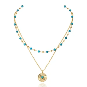 Double-layer geometric round pendant necklace for women, turquoise design clavicle necklace