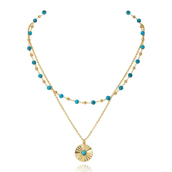 Double-layer geometric round pendant necklace for women, turquoise design clavicle necklace