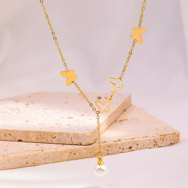 Titanium Steel Butterfly Pearl Tassel Necklace