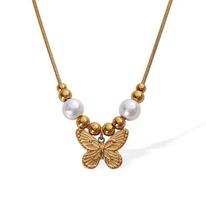 Retro butterfly pearl necklace titanium steel high color preservation ethnic style antique jewelry necklace