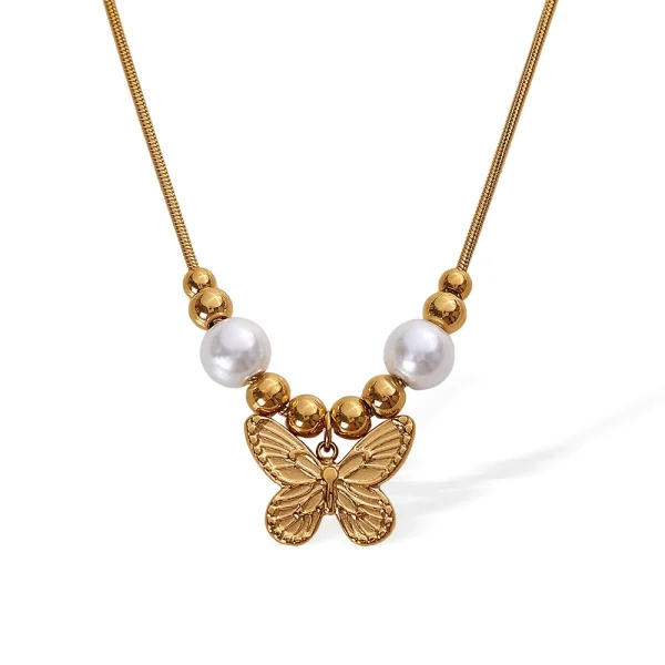 Retro butterfly pearl necklace titanium steel high color preservation ethnic style antique jewelry necklace