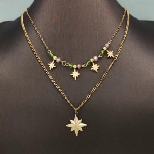 New titanium steel necklace inlaid with natural stone jewelry women's double shell sun clavicle necklace
