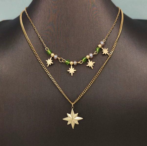 New titanium steel necklace inlaid with natural stone jewelry women's double shell sun clavicle necklace