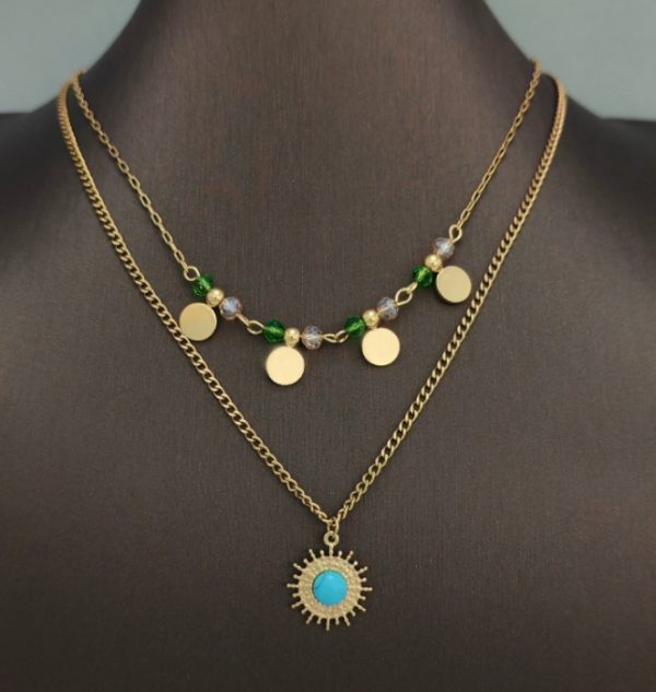 New titanium steel necklace inlaid with natural stone jewelry women's double shell sun clavicle necklace - 图片 2