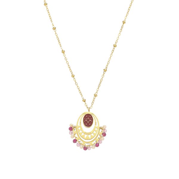 Titanium steel French gold and red sun necklace pink crystal winding pendant necklace