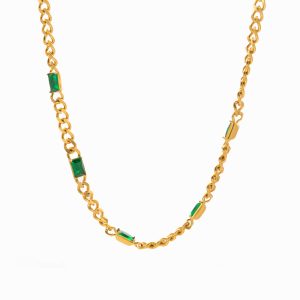 Titanium steel Cuban thick chain inlaid green glass stone pendant necklace