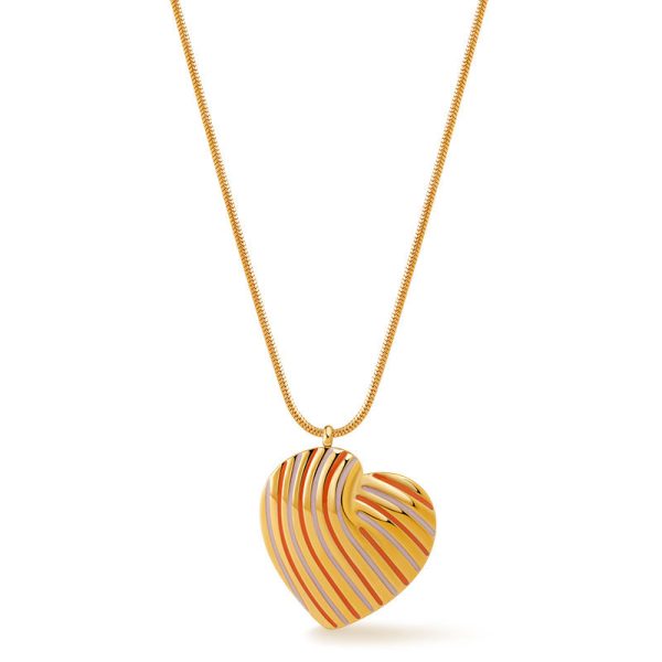 New French retro stainless steel heart stripe clavicle chain ladies enamel oil drop necklace - 图片 2