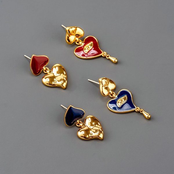 Copper-plated gold enamel heart-shaped earrings French tassel earrings
