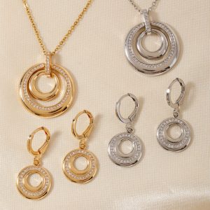 Vintage round double-circle micro-inlaid zircon necklace and earrings jewelry set