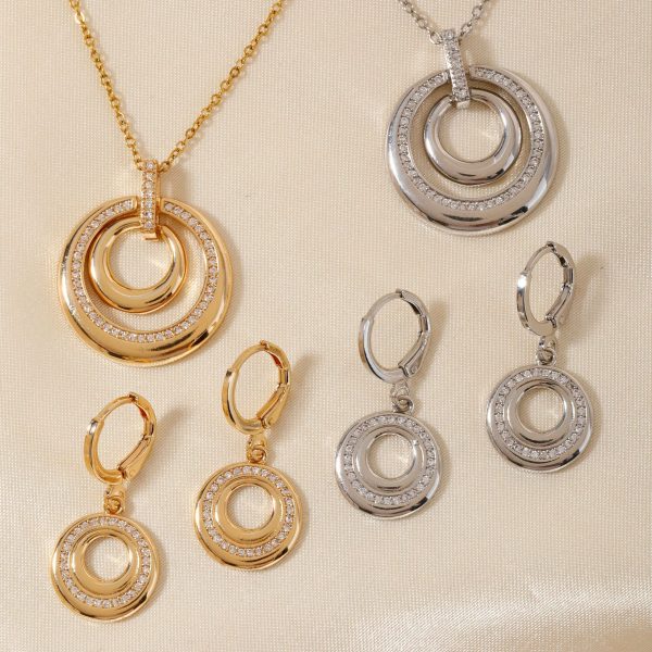 Vintage round double-circle micro-inlaid zircon necklace and earrings jewelry set