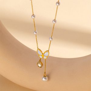 Women's freshwater pearl mother-of-pearl butterfly tassel necklace