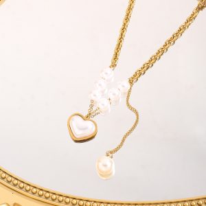 Stainless steel round pearl chain mother of pearl heart-shaped pendant necklace tassel pearl pendant necklace for women