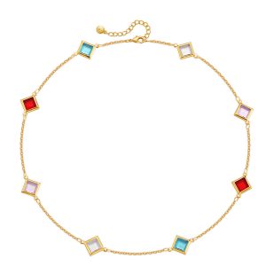 Small square necklace colorful acrylic diamond clavicle necklace copper plated 18K real gold necklace