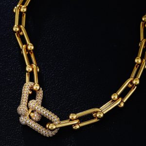 Gold U-shaped thick chain necklace with diamond lock