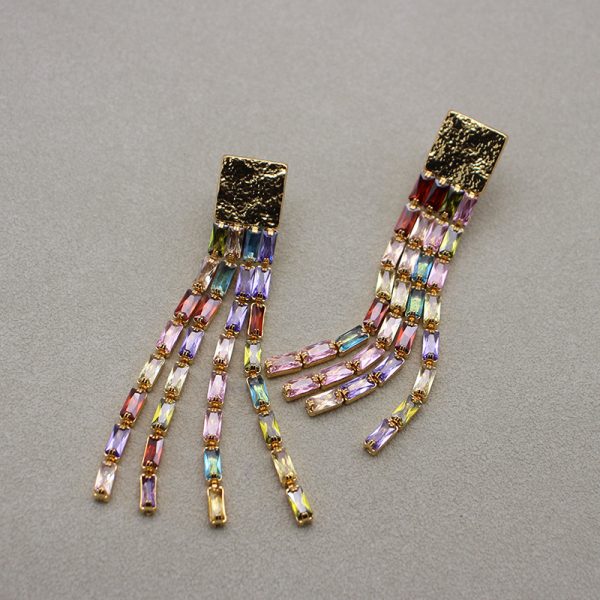 Heavy-duty rectangular tassel earrings copper plated with 24K real gold colored zircon earrings - 图片 2