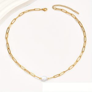 Sexy Women's Stainless Steel Paperclip Pearl Chain Necklace