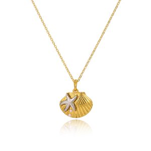 Trendy ocean element imitation pearl starfish scallop necklace copper plated gold jewelry