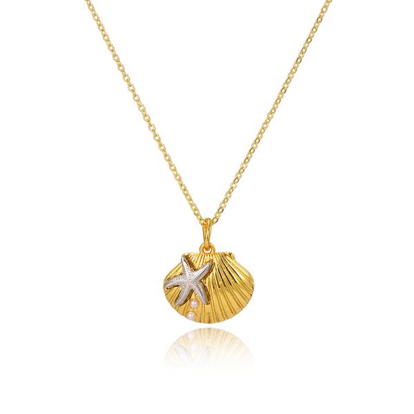 Trendy ocean element imitation pearl starfish scallop necklace copper plated gold jewelry