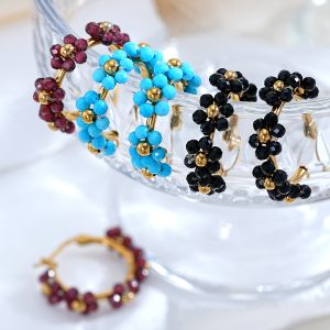 New Stainless Steel Natural Stone Flower Beaded Earrings
