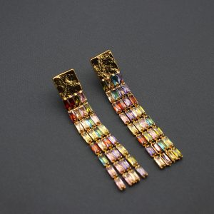 Heavy-duty rectangular tassel earrings copper plated with 24K real gold colored zircon earrings