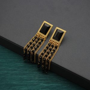 Black crystal tassel earrings square gemstone stud earrings