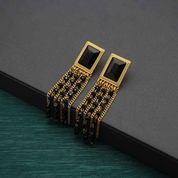 Black crystal tassel earrings square gemstone stud earrings