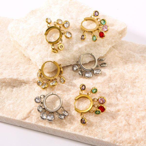 Colored zircon tassel earrings multi-pendant stainless steel earrings