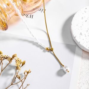 Freshwater pearl splicing chain titanium steel gold-plated snake bone chain fashionable pull-out adjustable necklace