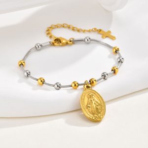 Stainless Steel Our Lady Cross Beaded Snake Chain Bracelet