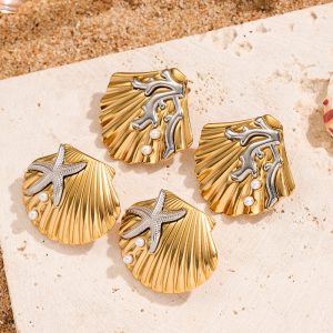 Stainless steel color-blocked ocean scenery coral pearl shell earrings