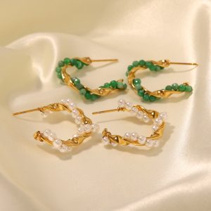 Twisted inlaid pearl geometric earrings titanium steel no fading earrings