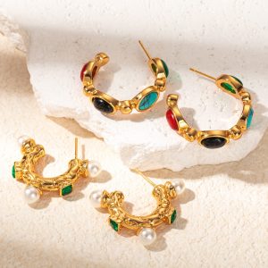 French retro ethnic style multi-color natural stone inlaid C-shaped earrings