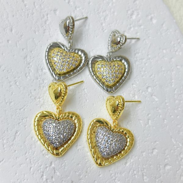 Two-color love heart earrings for women,gold-plated and inlaid with zircon party gift