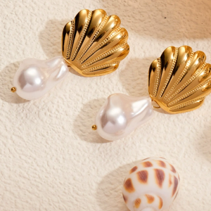 Summer Ocean Stainless Steel Pearl Earrings 18k Gold Pearl Shell Earrings